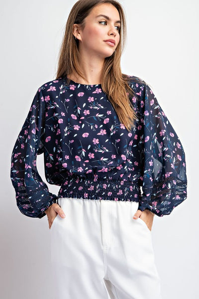 Navy Floral Keyhole Blouse