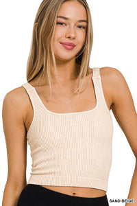 Acid Wash Padded Square Neck Cropped Tank in Sand Beige