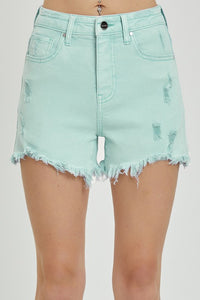 Risen High Rise Distressed Mint Shorts