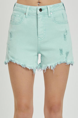 Risen High Rise Distressed Mint Shorts