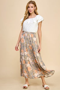 Grey Floral Tiered Maxi Skirt