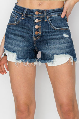 Risen Mid Rise Distressed Button Fly Shorts