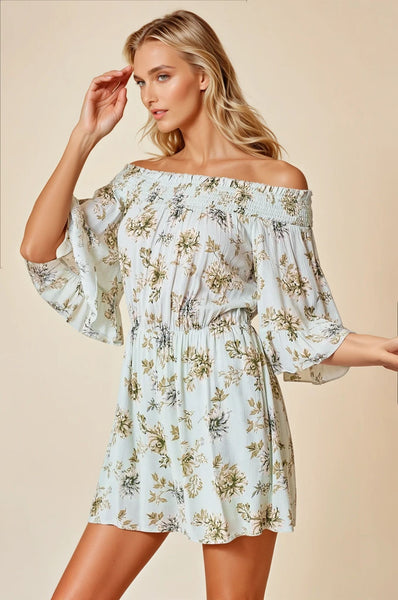 Mint Floral Off Shoulder Romper