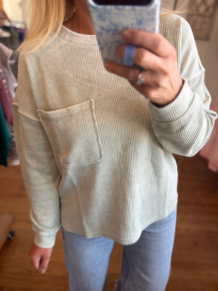 Light Olive Washed Pocked Ribbed Knit Top