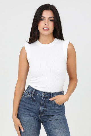 White Ribbed Knit Flutter Tank