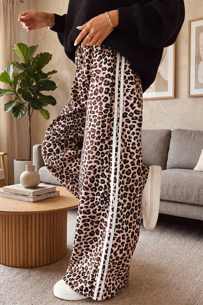 Beige Leopard Print Wide Leg Pants