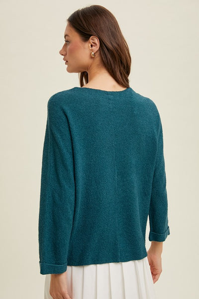 Teal 3/4 Sleeve Textured Lightweight Sweater
