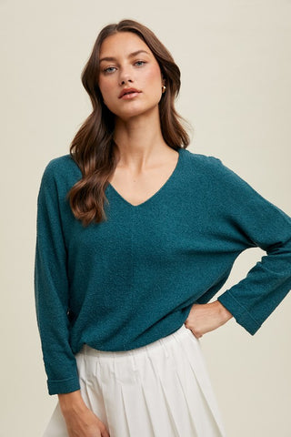 Teal 3/4 Sleeve Textured Lightweight Sweater