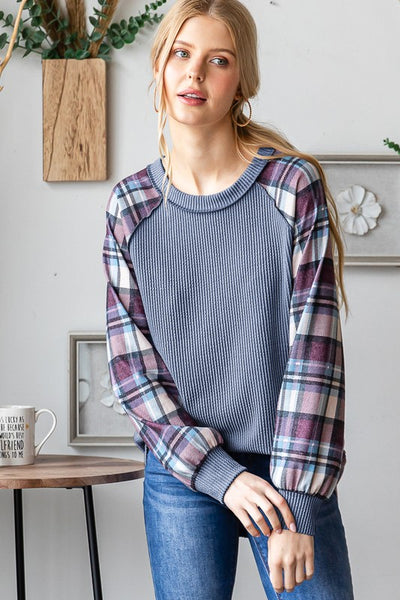 Vintage Blue & Plaid Ribbed Top (S-3XL)