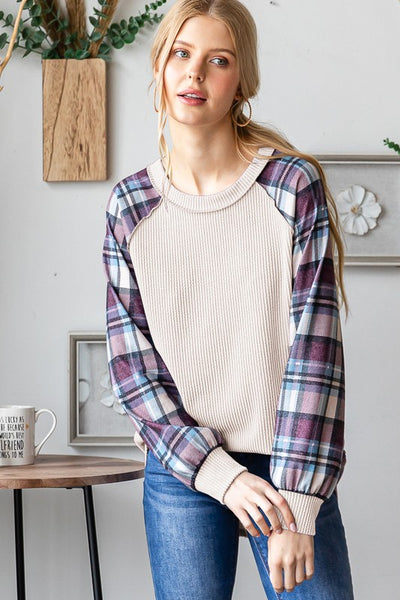 Cream & Plaid Ribbed Top