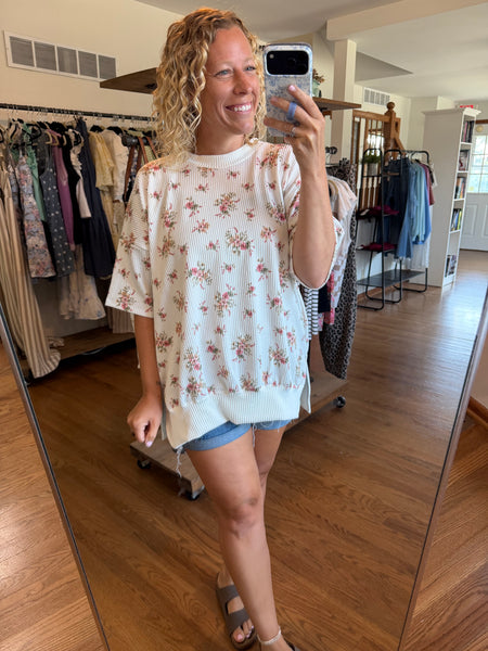 Ivory Floral Ribbed Short Sleeve Top