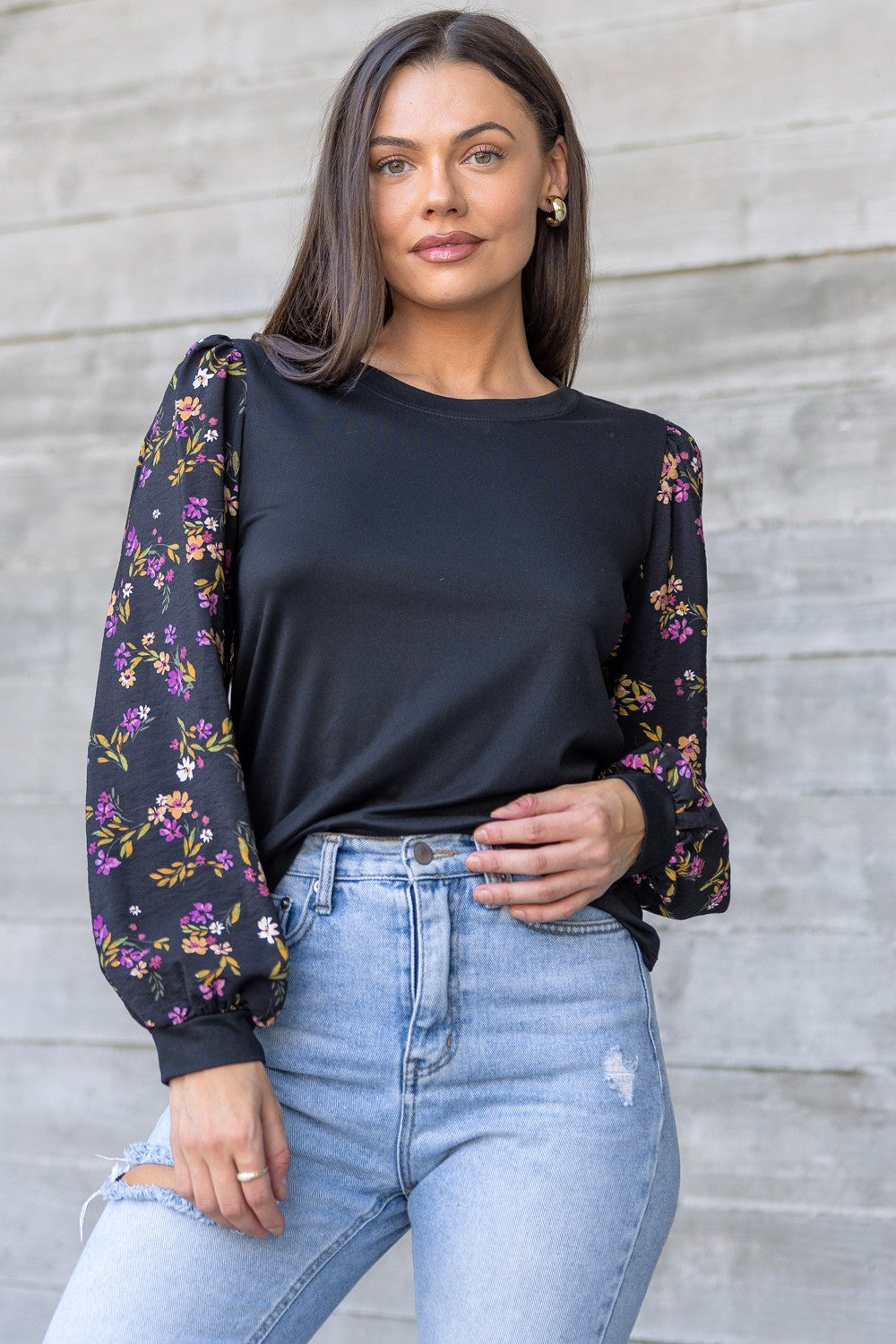 Black Floral Sleeve Top