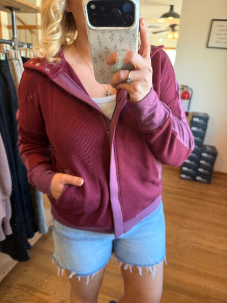Burgundy Waffle Full Zip Hooded Sweatshirt