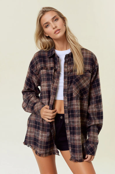 Black & Brown Plaid Frayed Hem Flannel