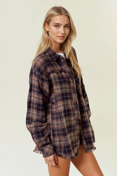 Black & Brown Plaid Frayed Hem Flannel