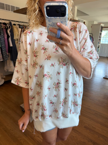 Ivory Floral Ribbed Short Sleeve Top