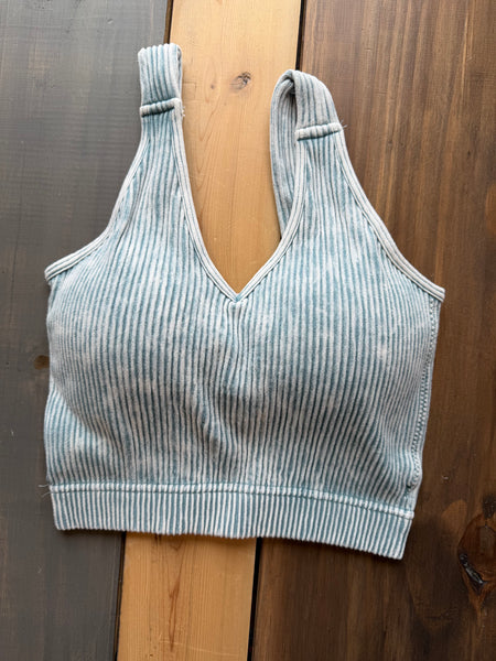 Blue Grey Acid Wash Cropped Tank With Removable Pads