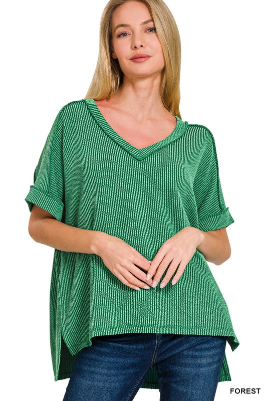 Corded Ribbed V-Neck Top in Forest