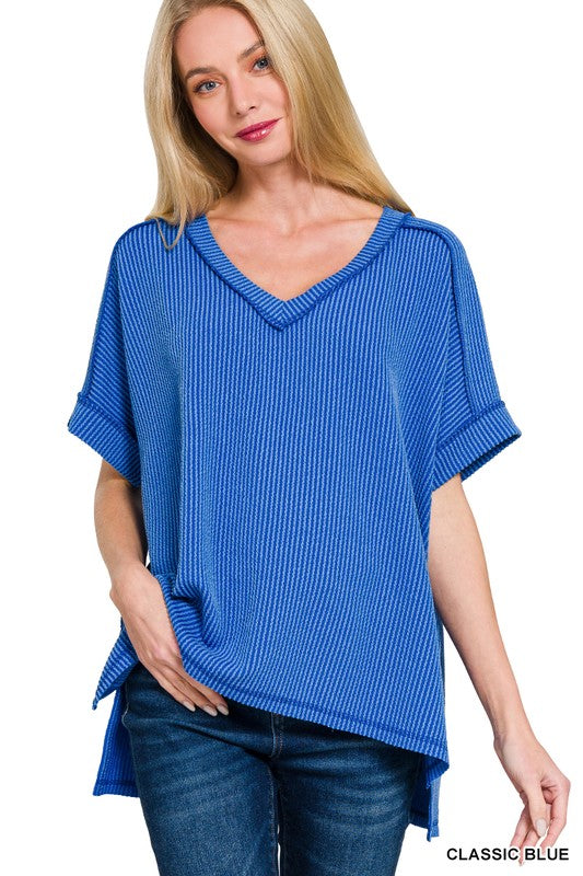 Corded Ribbed V-Neck Top in Classic Blue