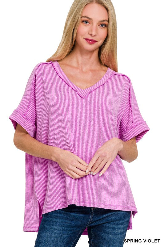 Corded Ribbed V-Neck Top in Spring Violet