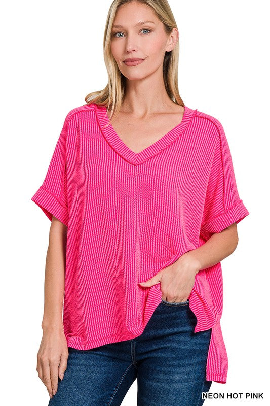 Corded Ribbed V-Neck Top in Neon Hot Pink