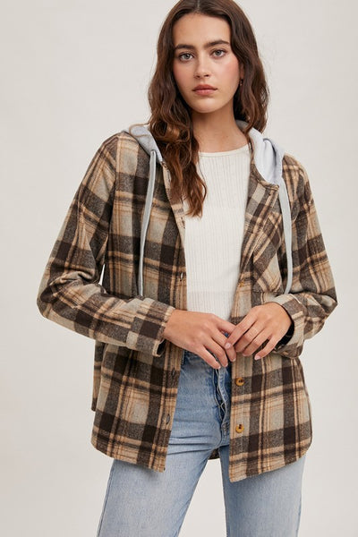 Mocha Plaid Hooded Shacket