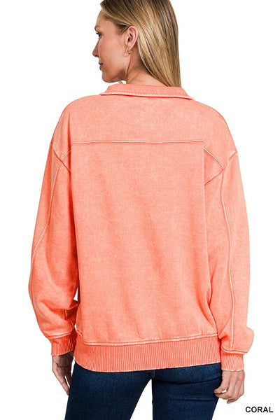 Laguna Acid Wash Half-Zip Pullover in Coral