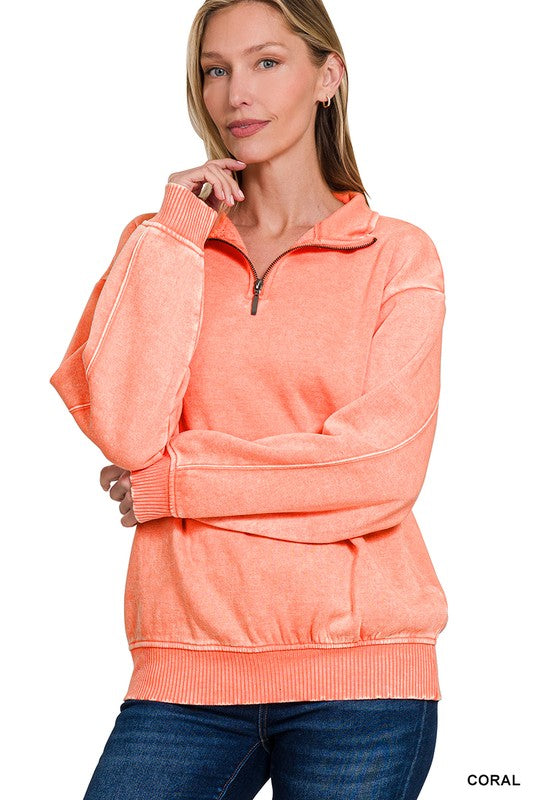 Laguna Acid Wash Half-Zip Pullover in Coral