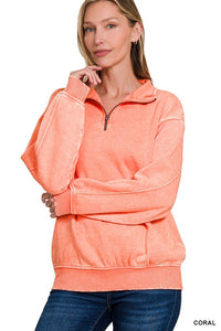 Laguna Acid Wash Half-Zip Pullover in Coral