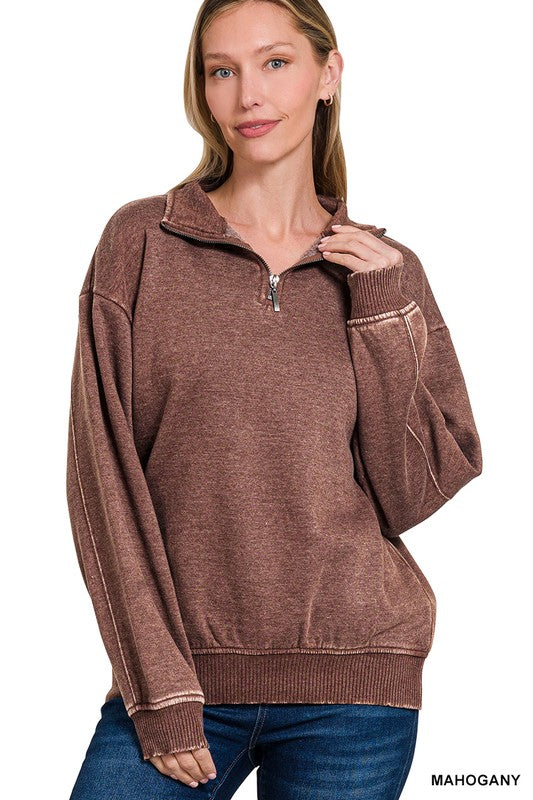 Laguna Acid Wash Half Zip Pullover in Mahogany