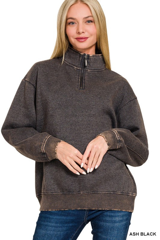 Laguna Acid Wash Half Zip Pullover in Ash Black