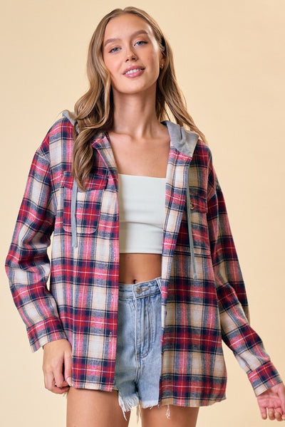 Red & Tan Plaid Hooded Shacket