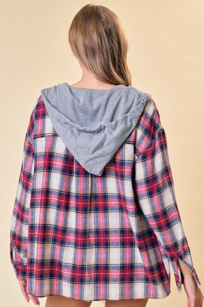Red & Tan Plaid Hooded Shacket