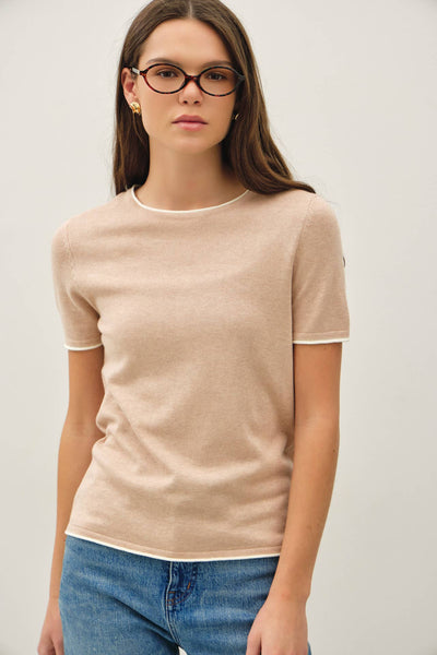 Sand Faux Double Layer Short Sleeve Sweater