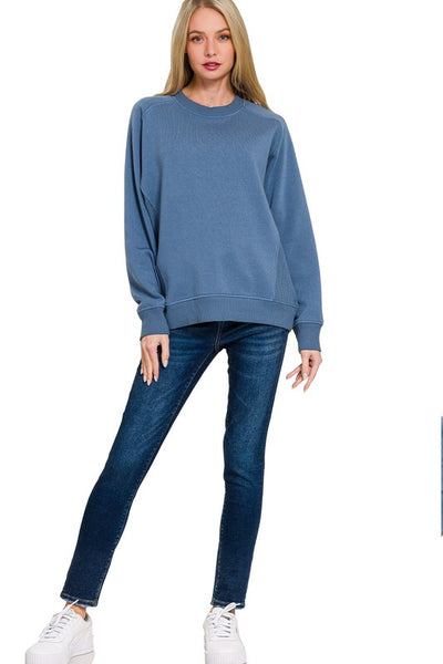 Dusty Blue Fleece Ribbed Side Sweatshirt