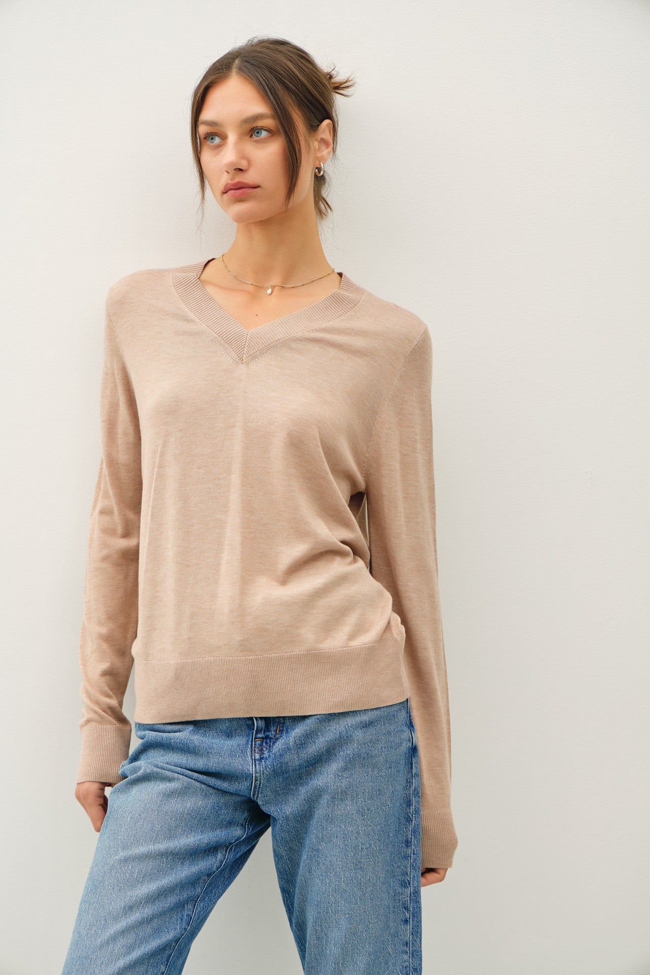 Hazelnut Butter Cashemere Blend V-Neck Sweater