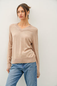 Hazelnut Butter Cashemere Blend V-Neck Sweater