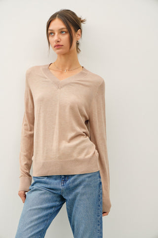 Hazelnut Butter Cashemere Blend V-Neck Sweater