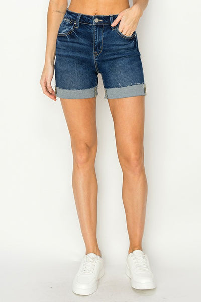 Risen High-Rise Dark Wash Cuffed Shorts