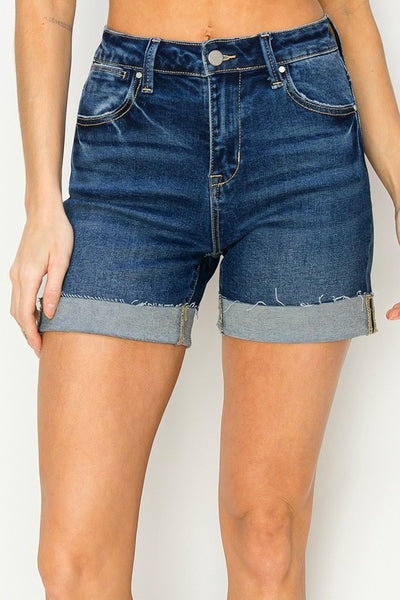 Risen High-Rise Dark Wash Cuffed Shorts