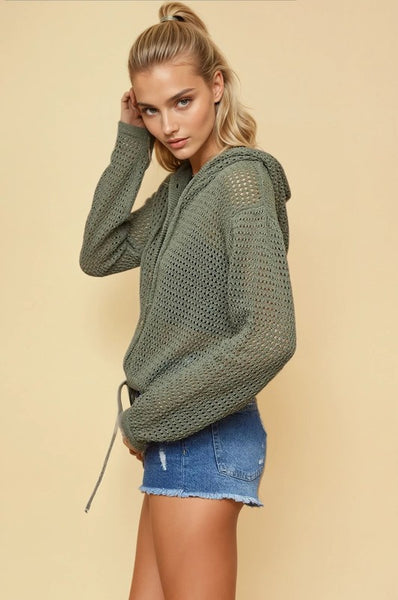 Olive Open Knit Hooded Sweater