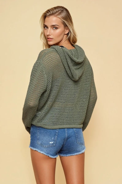 Olive Open Knit Hooded Sweater