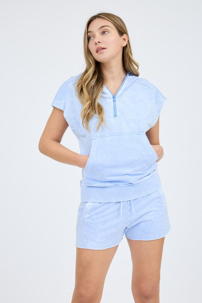 Light Blue Hooded Short Sleeve Half Zip