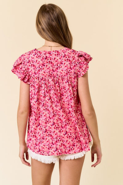 Fuchsia Floral Ruffle Sleeve Blouse