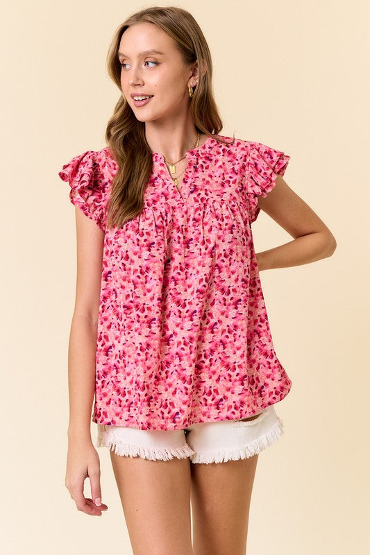 Fuchsia Floral Ruffle Sleeve Blouse