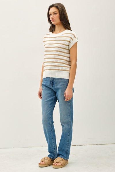 Taupe Stripe Crochet Short Sleeve Top