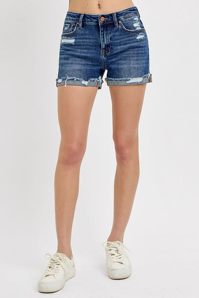 Risen Mid-Rise Distressed Cuffed Shorts