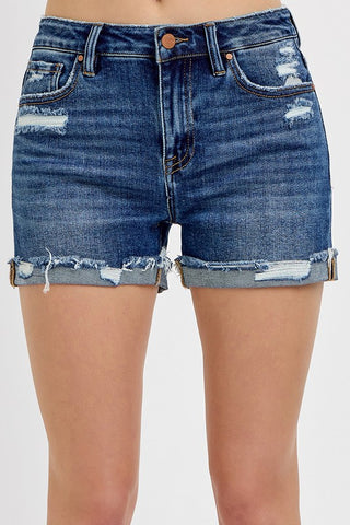 Risen Mid-Rise Distressed Cuffed Shorts