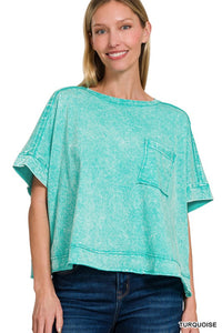 Turquoise Acid Washed Oversized Cropped Tee