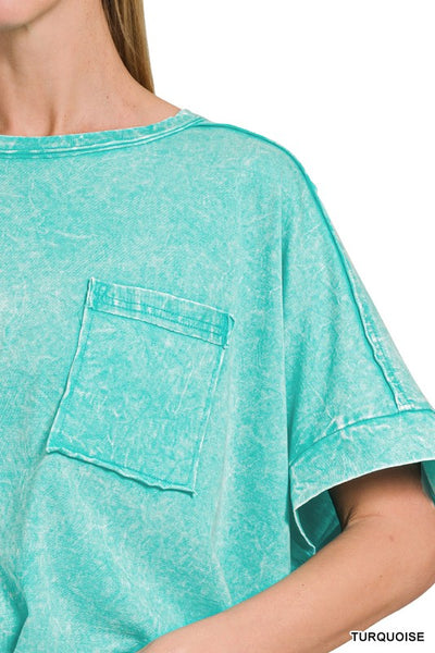 Turquoise Acid Washed Oversized Cropped Tee